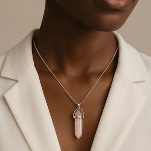 Elegant Silver and Pink Rose Quartz Pointed Stone Pendant Necklace